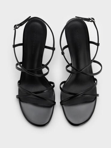 Strappy Crossover Trapeze-Heel Sandals, Black Boxed, hi-res