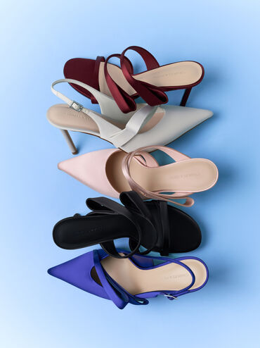 Satin Pleated-Strap Heeled Mules, Pink, hi-res