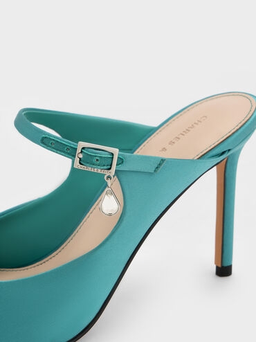 Satin Teardrop-Crystal Buckle-Strap Stiletto-Heel Mules, Teal, hi-res