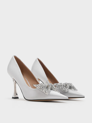 Beaded Bow Pumps, Silver, hi-res