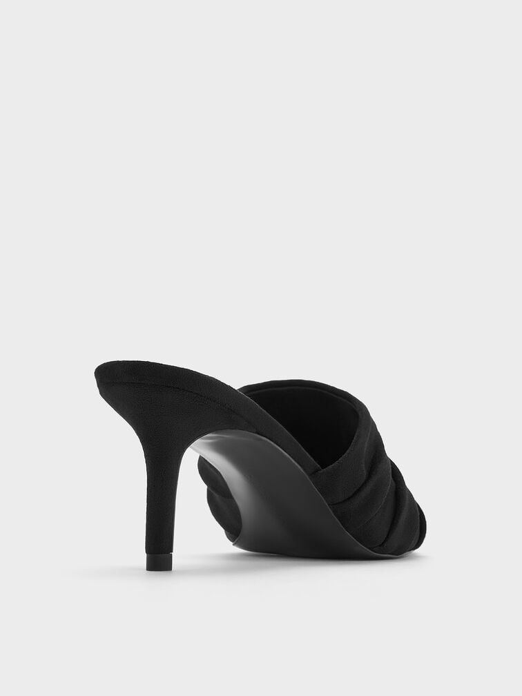 Faux Suede Ruched Heeled Mules, Black Textured, hi-res