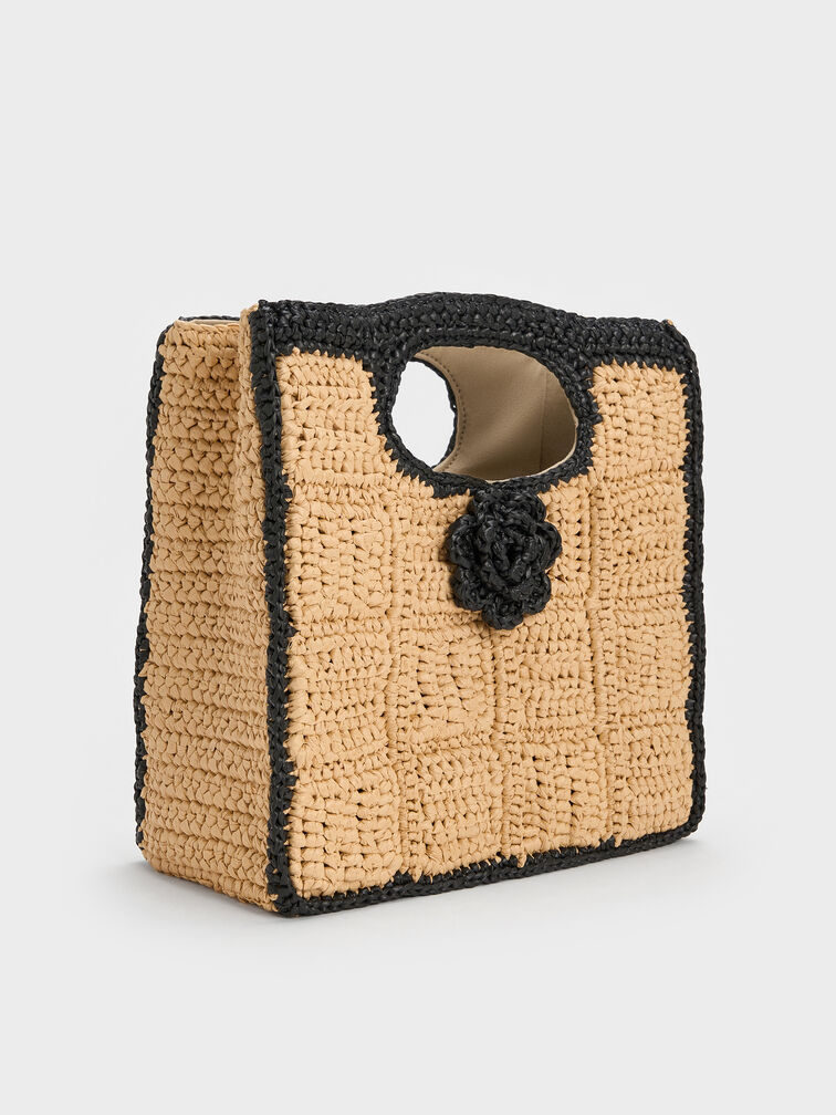 Raffia Flower Top Handle Bag, Multi, hi-res