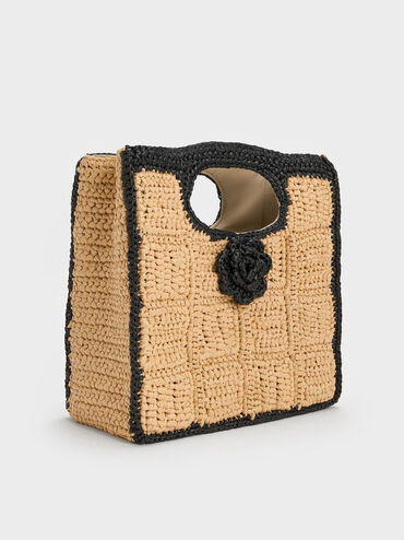 Raffia Flower Top Handle Bag, Multi, hi-res