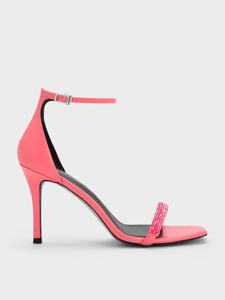Beaded Strap Heeled Sandals, Pink, hi-res
