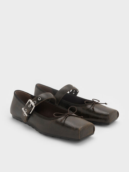 Myler Crinkle-Effect Bow Square-Toe Buckled Mary Janes, Dark Brown, hi-res