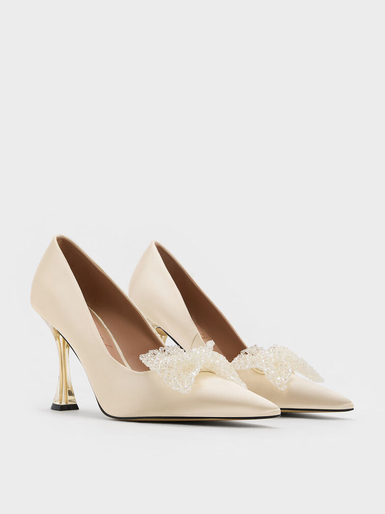 Beaded Bow Pumps, Champagne, hi-res