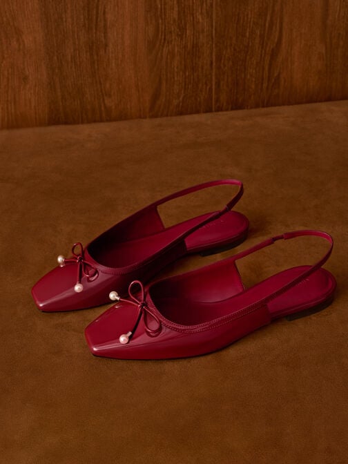 Barbara Patent Pearl-Bow Slingback Flats, Red, hi-res