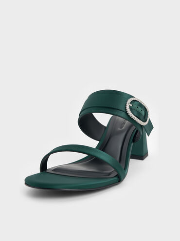 صندل أنيق مغلق من الأمام مزين بكعب عريض ومشبك كريستالي من بوليستر معاد تدويره, أخضر داكن, hi-res