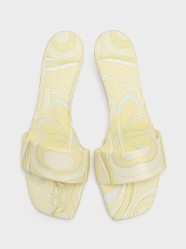 Swirl-Print Kitten-Heel Mules, Yellow, hi-res