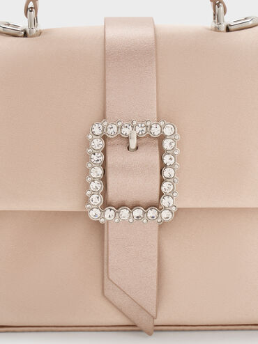 Satin Crystal-Buckle Belted Top Handle Bag, Sunset Nude, hi-res