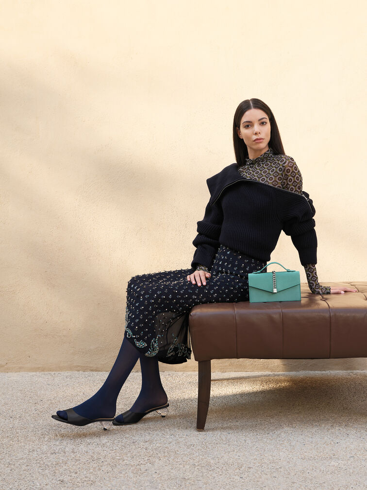 Satin Crystal-Heel Mules, Black Textured, hi-res