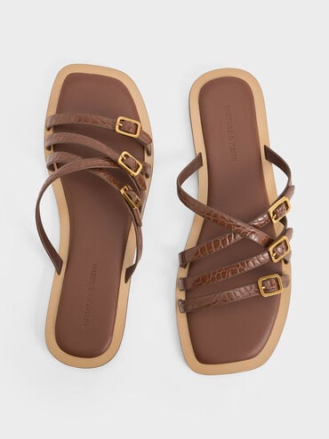 صندل سلايد بأحزمة وإبزيمات بتأثير جلد التمساح, بني حيواني, hi-res