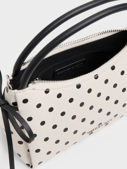 حقيبة هازل بمقبض علوي وفيونكة ونقشة منقطة, كريمي, hi-res