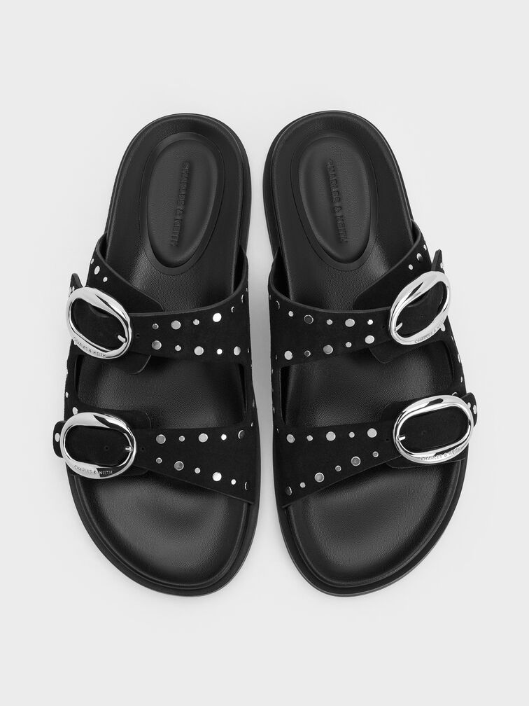 صندل سلايد مرصع بإبزيم وسيرين, أسود, hi-res