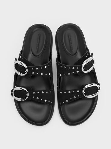 صندل سلايد مرصع بإبزيم وسيرين, أسود, hi-res