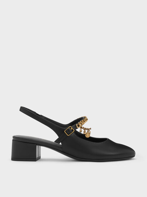 Double-Chain Charm Mary Jane Slingback Pumps, Black, hi-res