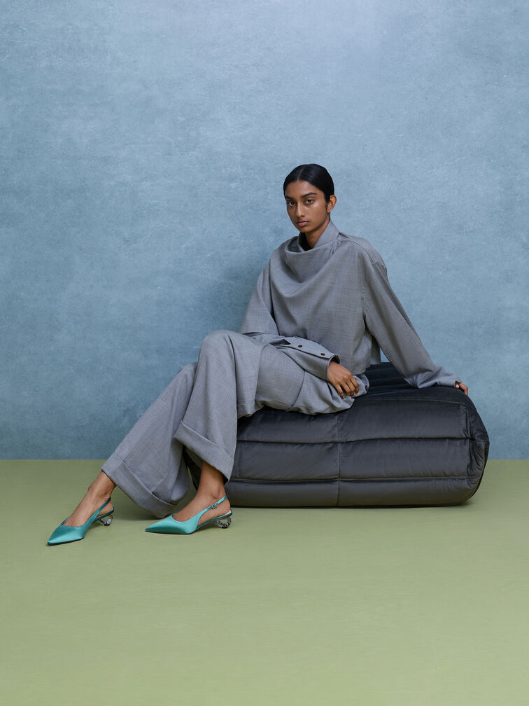 Satin Pointed-Toe Crystal-Heel Slingback Pumps, Teal, hi-res