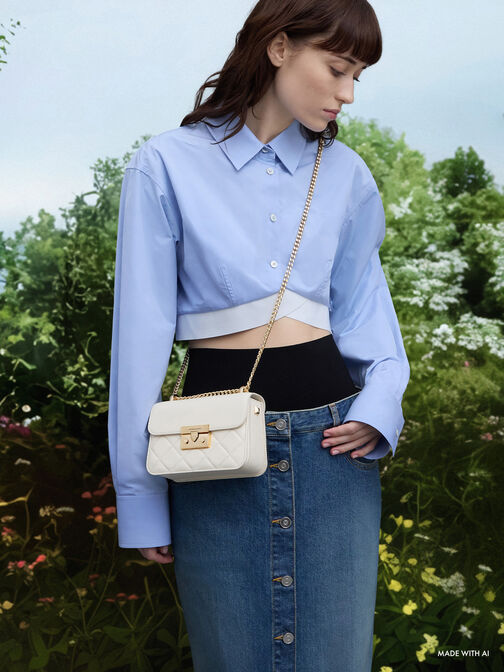 حقيبة ألفا بتصميم مبطن ومقبض على شكل سلسلة, كريمي, hi-res