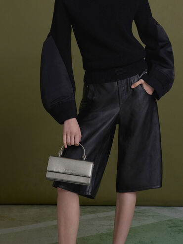 Kristine Metallic Sculptural-Handle Long Wallet, Pewter, hi-res