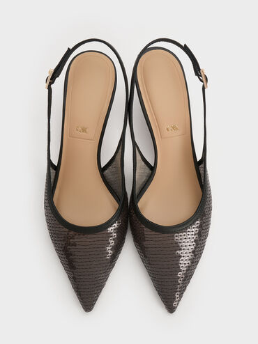 Sequin Mesh & Leather Slingback Kitten Heels, Black Textured, hi-res