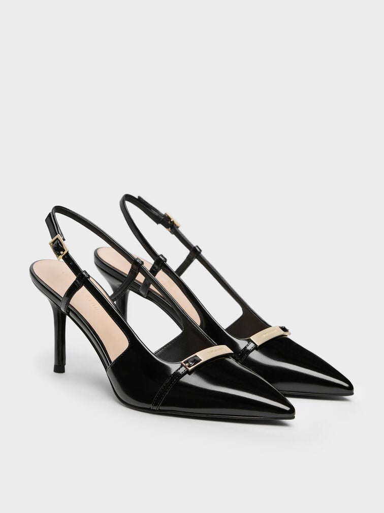Metallic-Bar Pointed Slingback Pumps, Black Boxed, hi-res