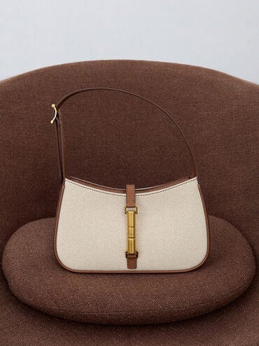 حقيبة كتف سيزيا من القماش بحلقة معدنية, شوكولاتي, hi-res