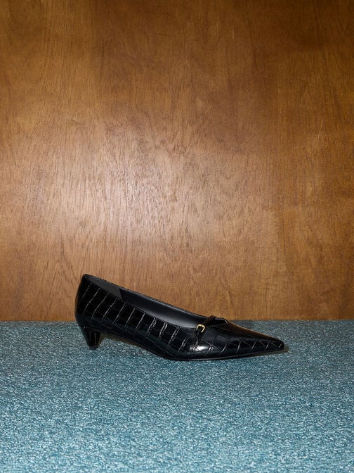 حذاء بكعب القطة ومقدمة مدببة وتصميم مزين بإبزيم ونقشة جلد التمساح, أسود حيواني, hi-res