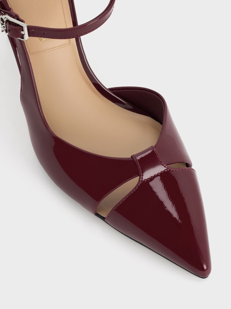 حذاء بكعب بليد من الجلد اللامع مع مقدمة مدببة وبفتحات, برغندي, hi-res