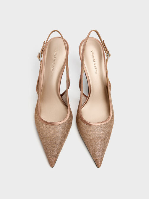 Glittered Mesh Pointed Slingback Pumps, Brown, hi-res