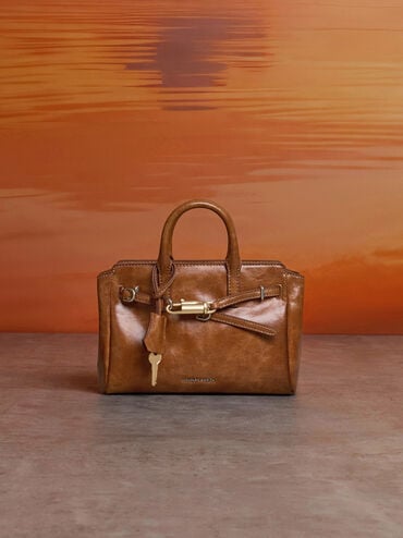 Mini Delfina Belted Tote Bag, Distressed Tan, hi-res