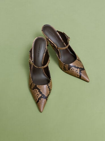 Snake-Print Buckle-Strap Stiletto-Heel Mules, Animal Print Natural, hi-res