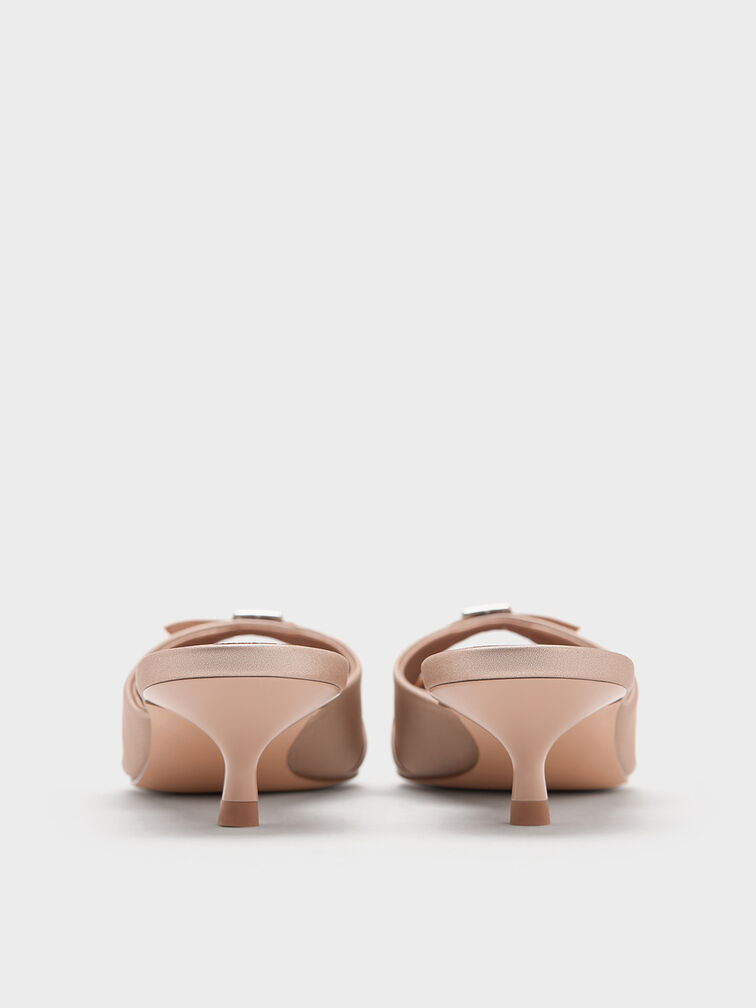 Crystal-Buckle Pointed-Toe Kitten-Heel Mules, Nude, hi-res