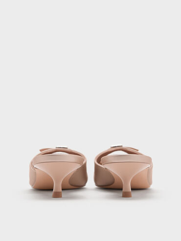 Crystal-Buckle Pointed-Toe Kitten-Heel Mules, Nude, hi-res