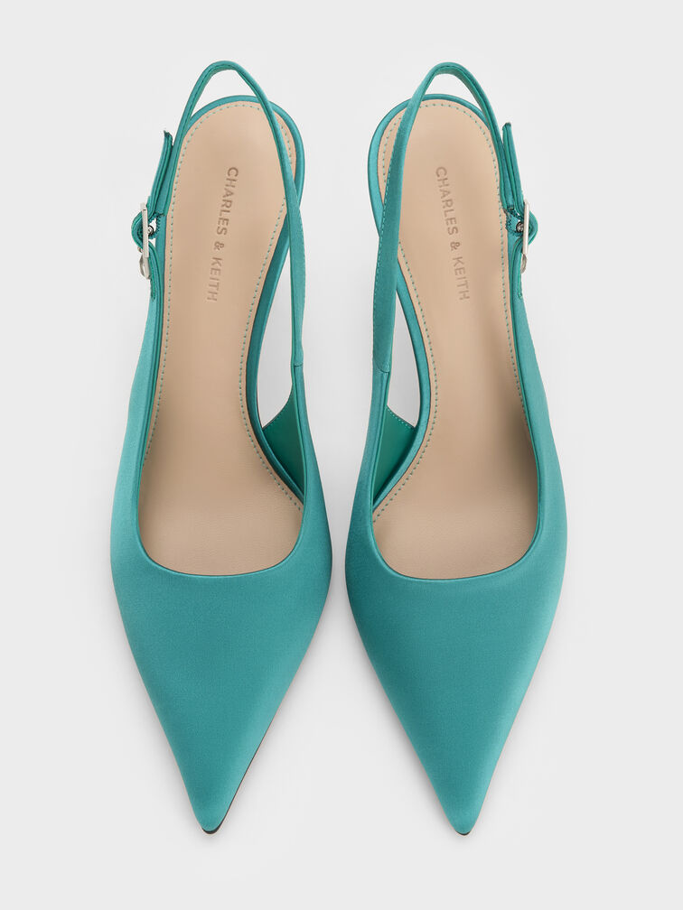 Satin Teardrop-Crystal Stiletto-Heel Slingback Pumps, Teal, hi-res