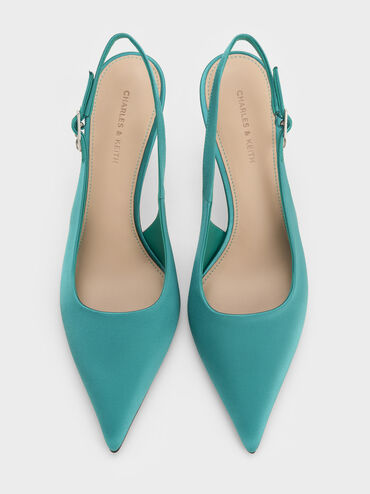 Satin Teardrop-Crystal Stiletto-Heel Slingback Pumps, Teal, hi-res