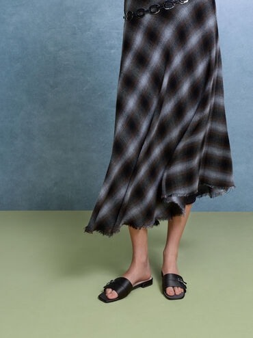 Satin Teardrop-Crystal Buckle-Strap Slide Sandals, Black Textured, hi-res