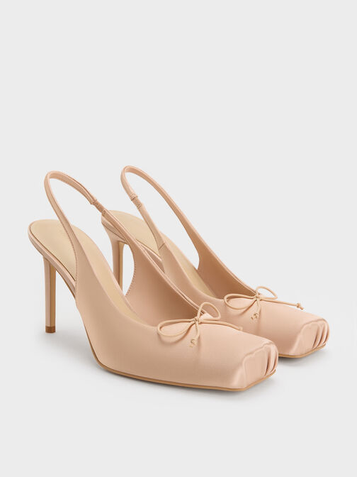 Satin Ruched Stiletto Slingback Pumps, Nude, hi-res