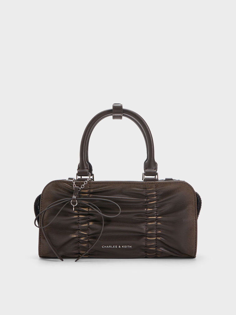 Kadee Ruched Bow-Charm Bowling Bag, Burnished Brown, hi-res