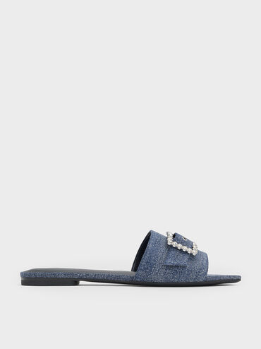Denim Gem-Buckle Square-Toe Slide Sandals, Denim Blue, hi-res