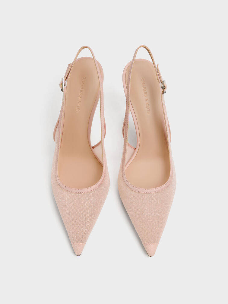 Glittered Mesh Pointed Slingback Pumps, Pink, hi-res