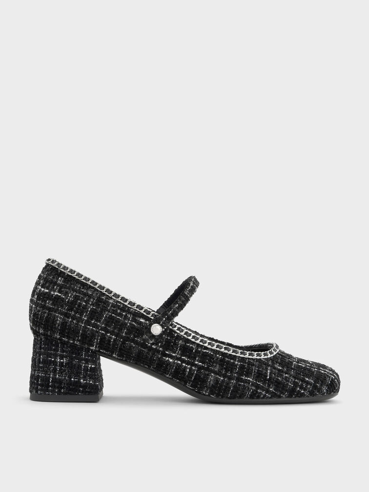 Tweed Braided-Chain Block-Heel Mary Jane Pumps, Black Textured, hi-res