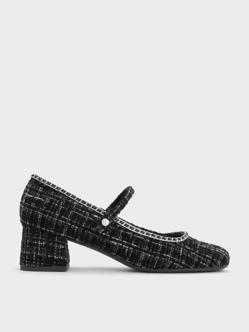 Tweed Braided-Chain Block-Heel Mary Jane Pumps, Black Textured, hi-res