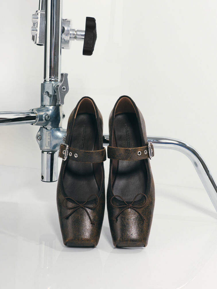 Myler Crinkle-Effect Bow Square-Toe Buckled Mary Janes, Dark Brown, hi-res