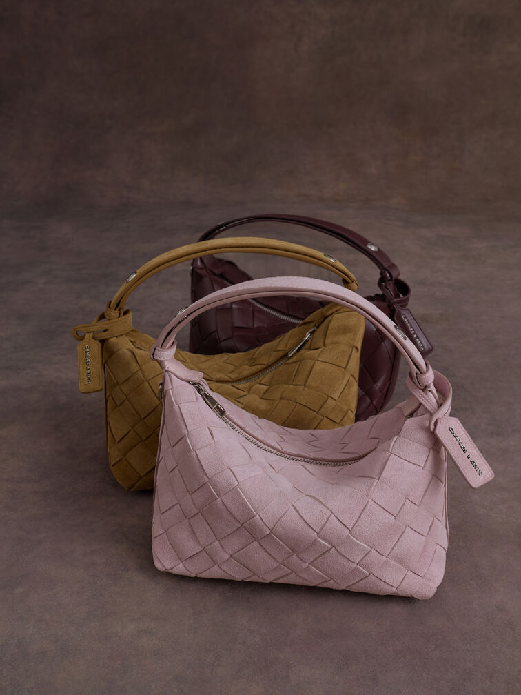 حقيبة كتف إيفيت بتصميم مضفور وتصميم معدني لامع, أحمر توتي فاخر, hi-res