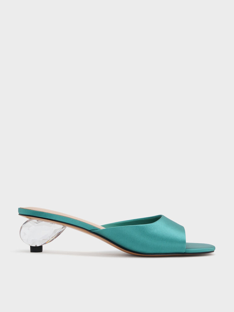 Satin Crystal-Heel Mules, Teal, hi-res