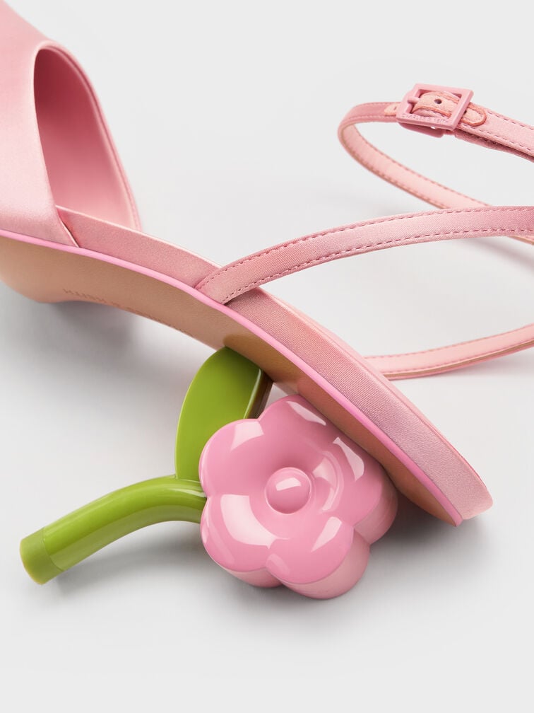 حذاء بكعب مدبب مزين بالزهور وحزام للكاحل, وردي, hi-res