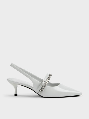 حذاء جورجي ذو الكعب الصغير المفتوح من الخلف والمزين بسلسلة, رمادي فاتح, hi-res