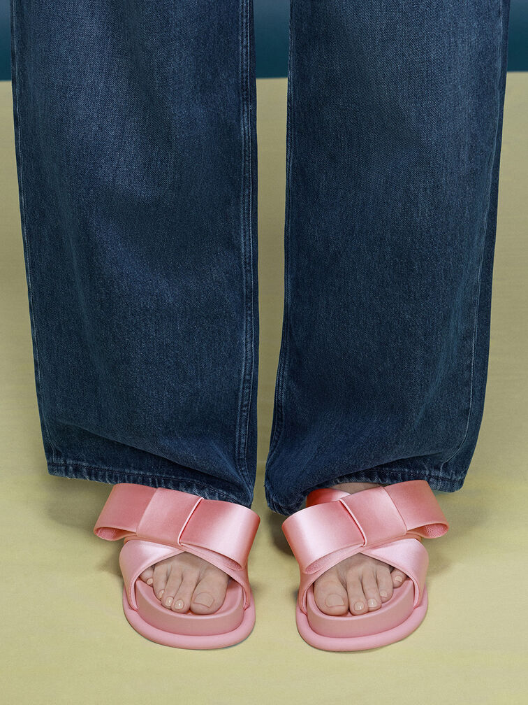 Satin Bow Flatform Sandals, Pink, hi-res