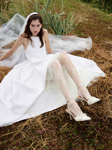 Leda Beaded Satin Ankle-Strap Pumps, White, hi-res