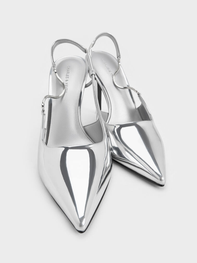 حذاء بكعب مفتوح من الخلف برأس مدبب وتفاصيل سلاسل معدنية, فضي, hi-res